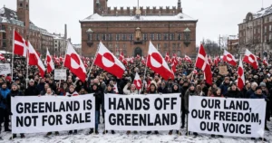 Данські ветерани з прапорами та плакатами Greenland is not for sale пікетують посольство США.