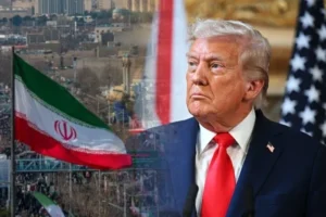 Дональд Трамп на фоне разрушенного Ирана с флагами США и Ирана