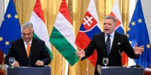 Представители Венгрии и Словакии выступают по санкциям ЕС с флагами своих стран