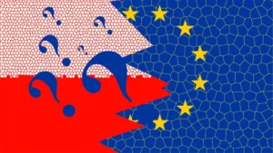 Раскол польского флага вопросительными знаками перед флагом ЕС, символ Polexit