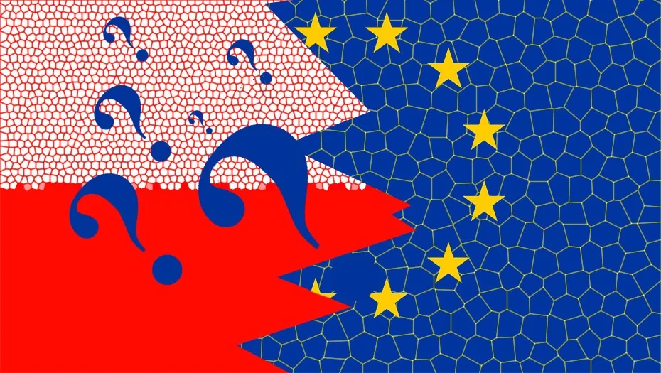 Раскол польского флага вопросительными знаками перед флагом ЕС, символ Polexit
