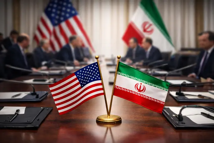 Флаги США и Ирана на столе мирных переговоров между странами