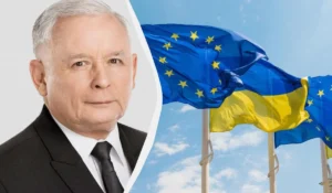 Ярослав Качиньский на фоне флагов ЕС и Украины относительно вступления Украины в ЕС