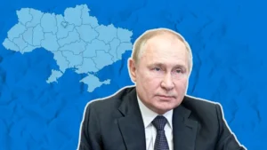 Владимир Путин на фоне карты Украины на синем фоне