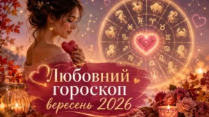 Дівчина тримає серце біля золотого зодіакального кола серед осінніх квітів і свічок