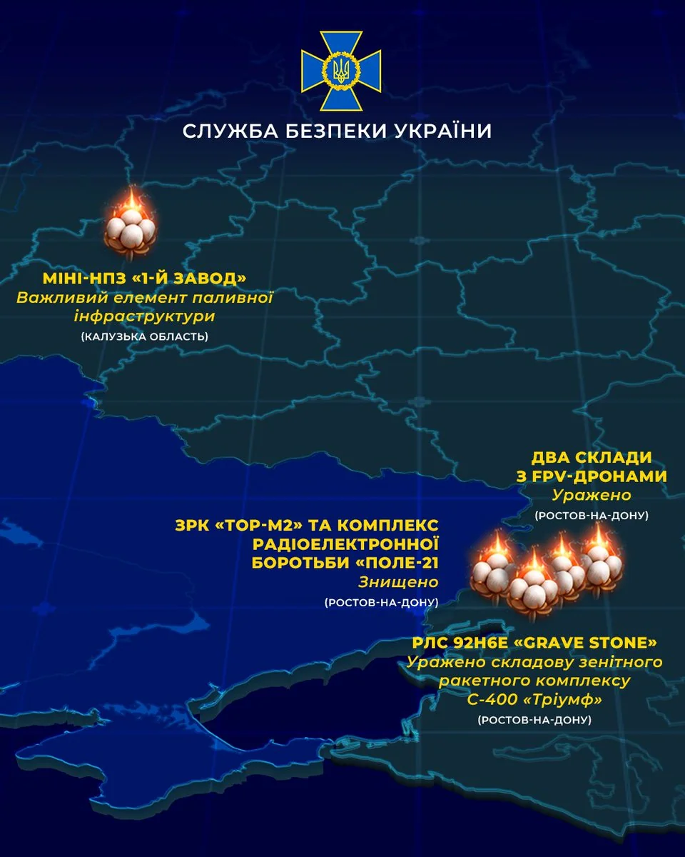Інфографіка СБУ з мапою уражених російських військових обєктів