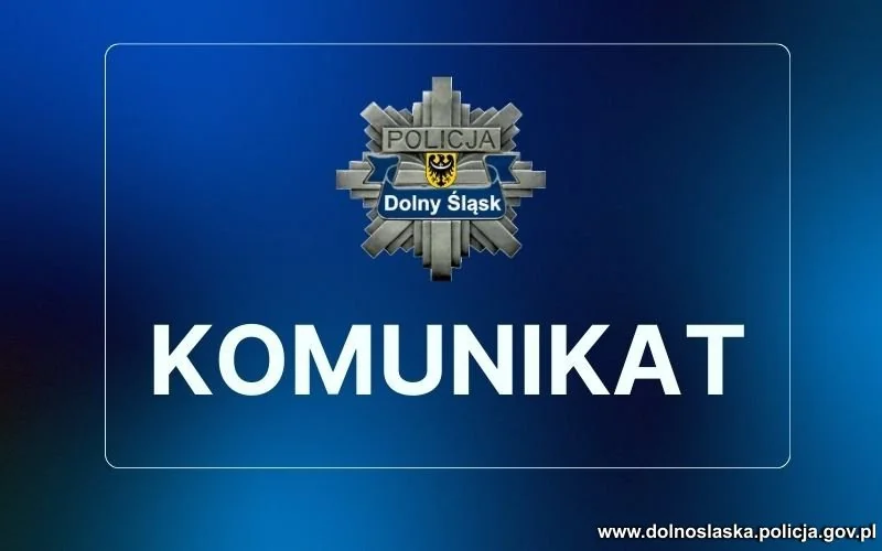 Офіційний логотип поліції Нижньої Сілезії з написом Комунікат на синьому тлі