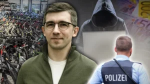 Чоловік у зеленій куртці на тлі велосипедів, аноніма з ноутбуком і поліцейського