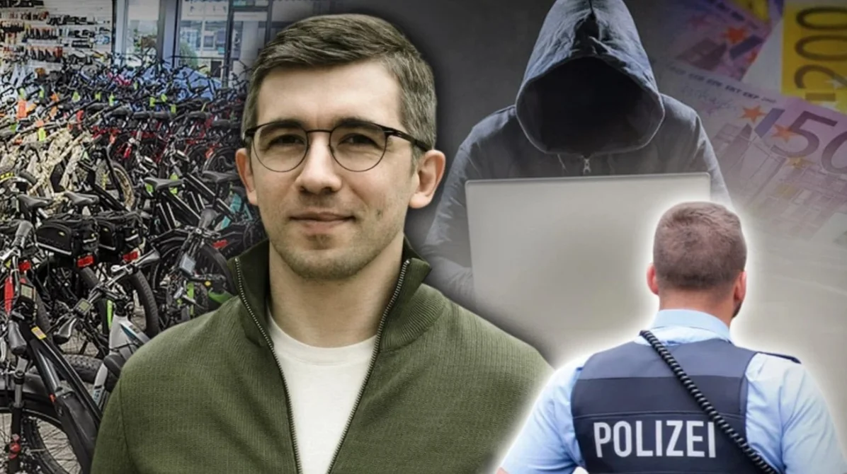 Чоловік у зеленій куртці на тлі велосипедів, аноніма з ноутбуком і поліцейського